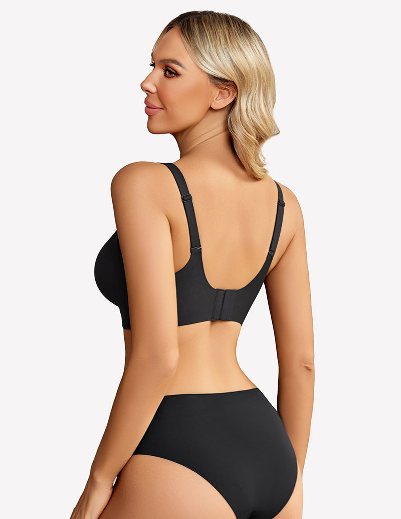 Black seamless wireless push-up bralette bra, back view with adjustable shoulder straps.