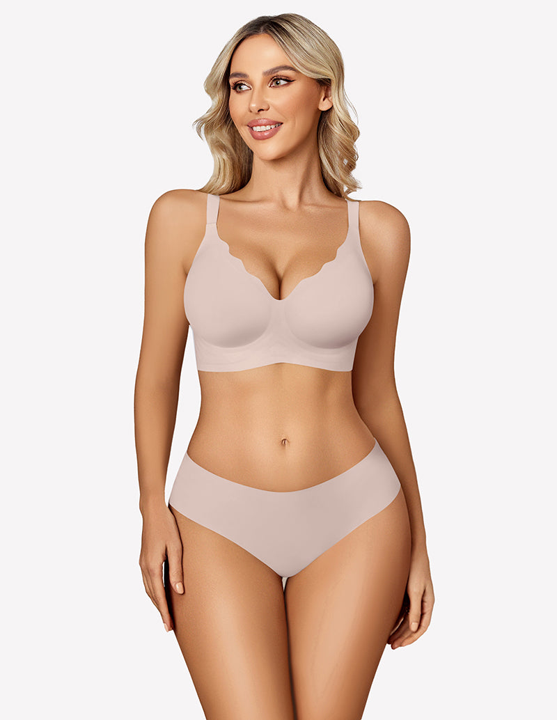 Seamless wireless push-up bra, light nude, scalloped scoop cups and smooth band
