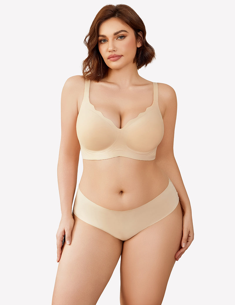 Nude seamless wireless push-up bralette bra with underwireless padded cups and racer straps.