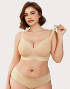 Nude seamless wireless push-up bralette bra with scalloped plunge neckline and cups.