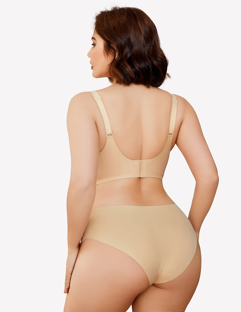 Nude seamless wireless push-up bralette bra, back view with adjustable shoulder straps.