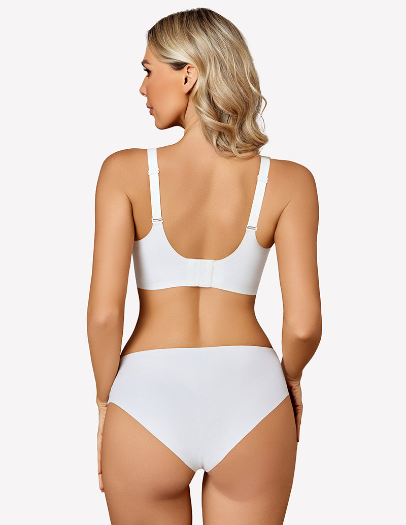White seamless wireless push-up bralette bra, back view with adjustable shoulder straps.