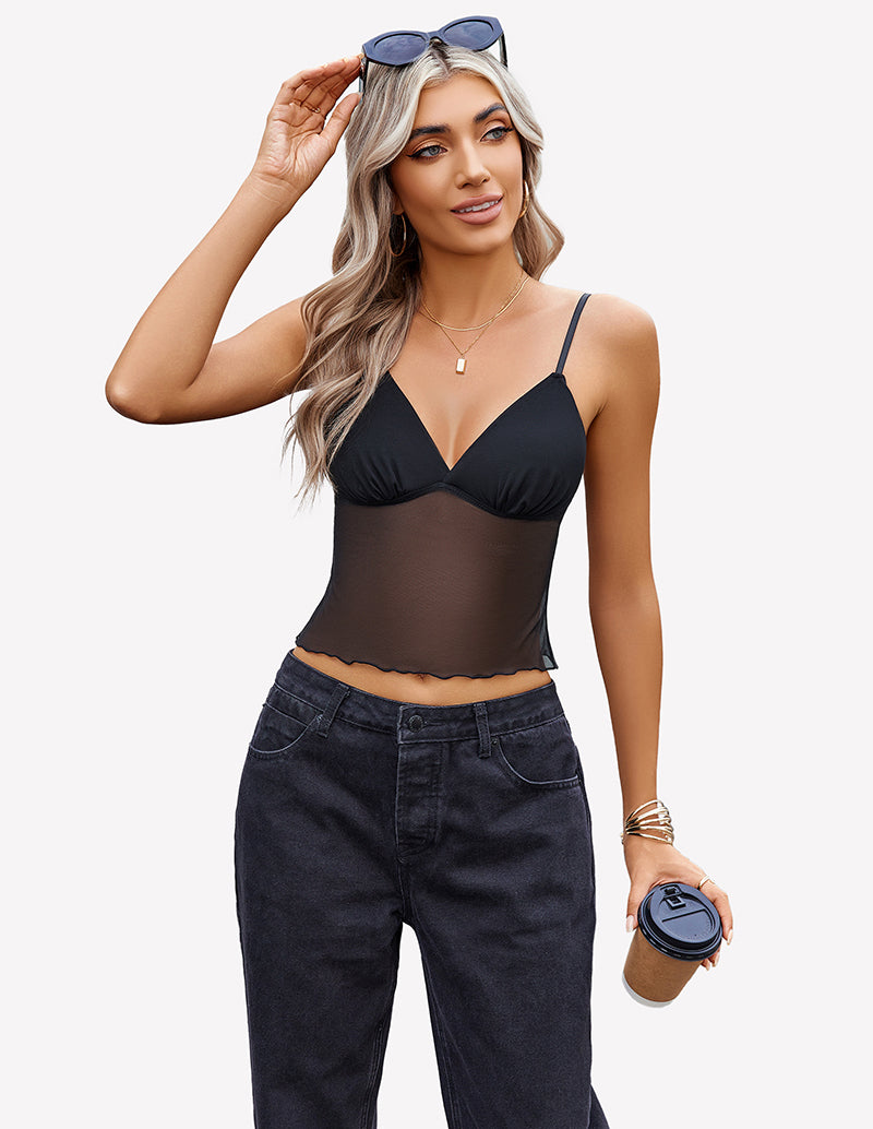Black mesh crop tank with V-neck triangle cups and spaghetti straps
