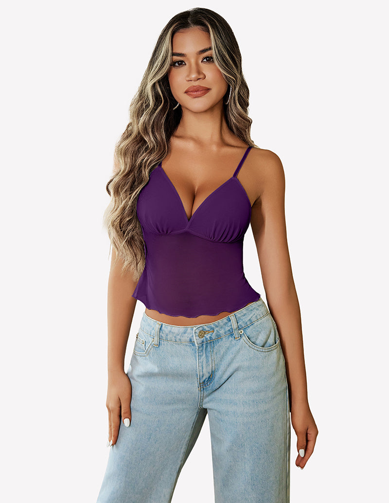 Purple mesh crop tank with V-neck triangle cups and thin spaghetti straps