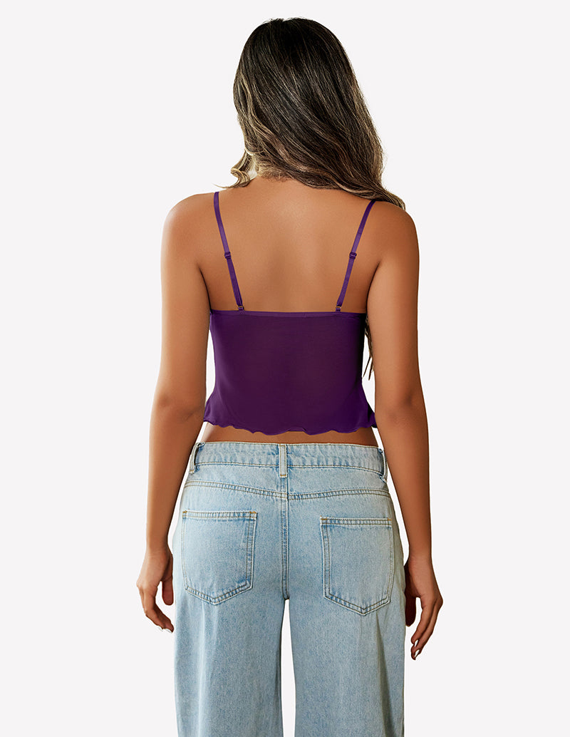 Purple mesh crop tank with thin straps and scoop back
