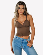 Black mesh crop tank top with spaghetti straps and V-neckline front