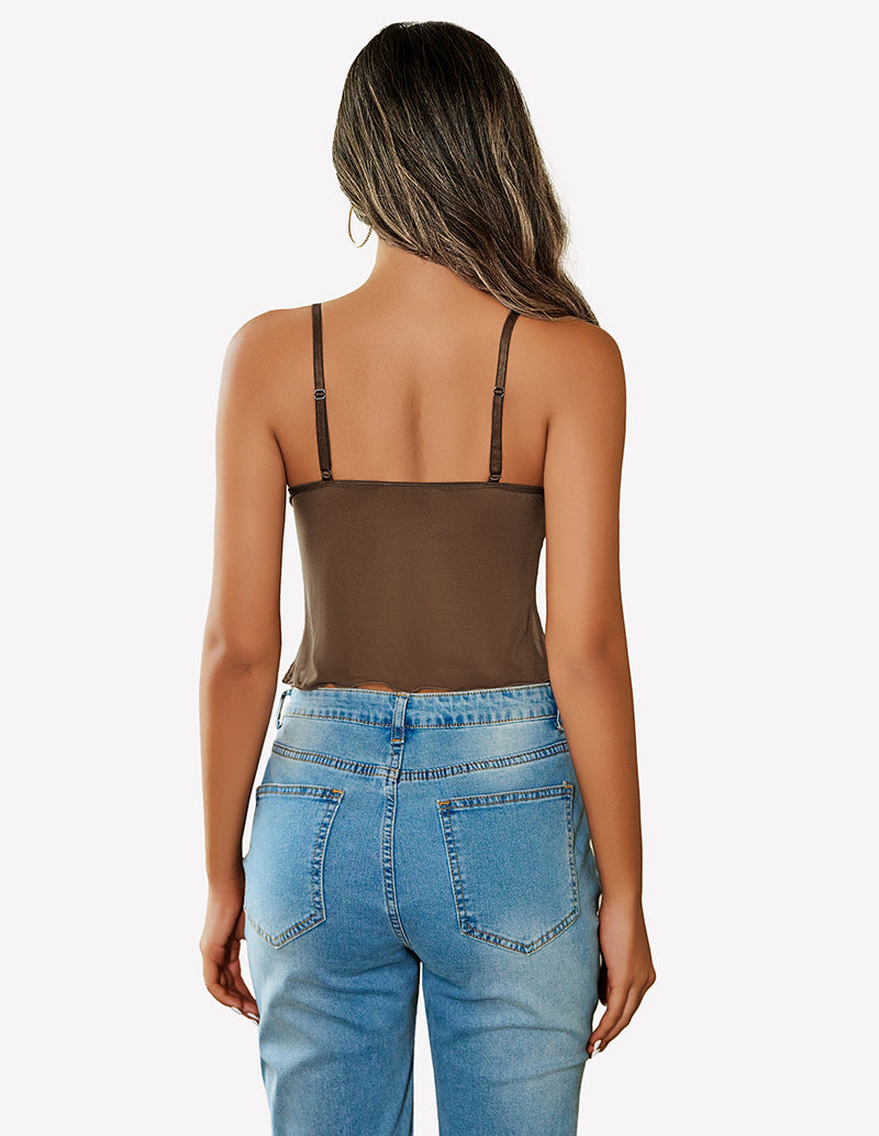Black mesh crop tank top with spaghetti straps, scoop back, and curved hem