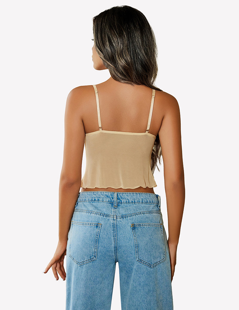 Cream mesh crop tank top with spaghetti straps, scoop back, and scalloped hem