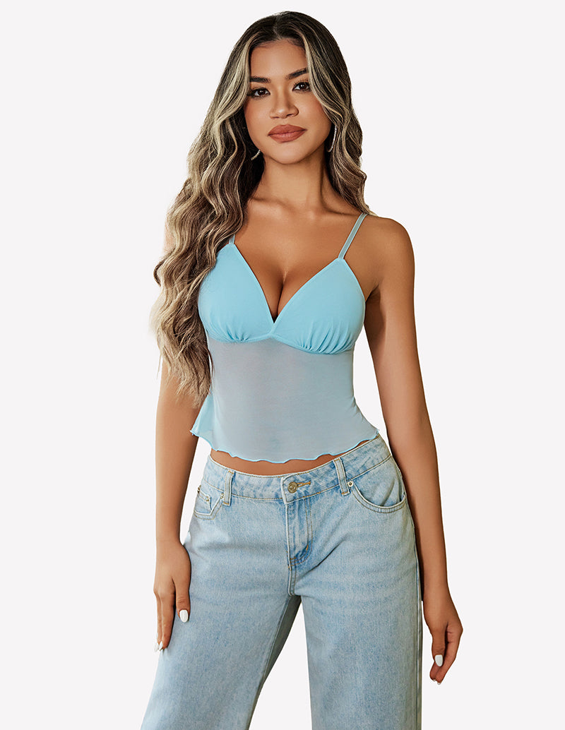 Light blue mesh crop tank with V-neck triangle cups and thin straps