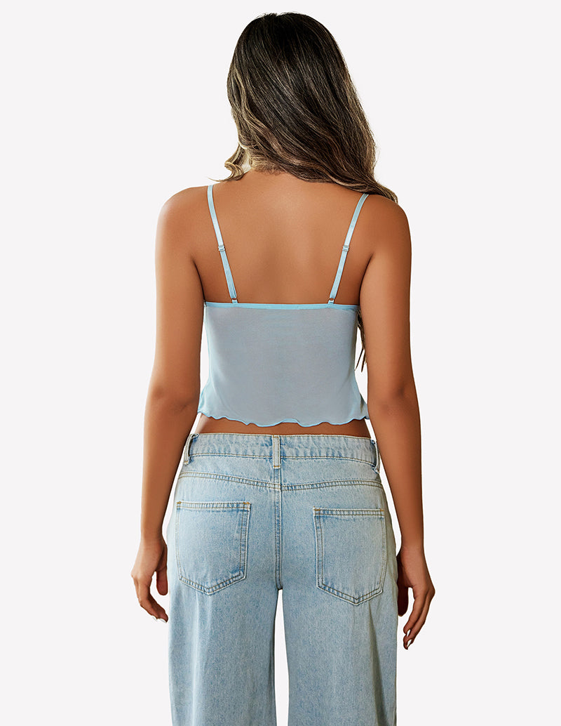Light blue back mesh crop tank with thin straps and scalloped hem