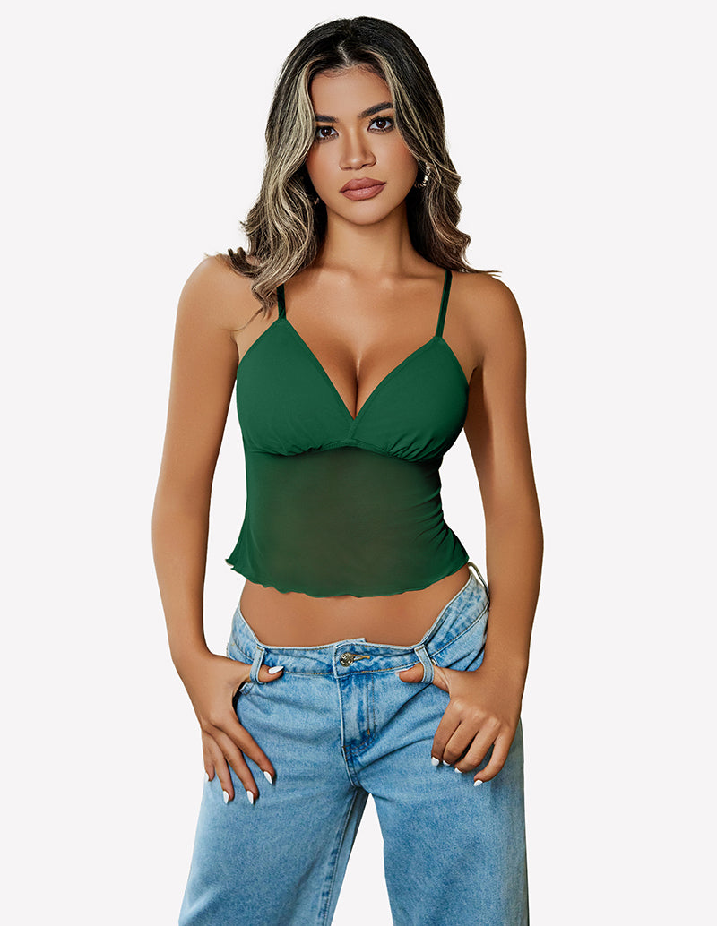 Green mesh crop tank top with spaghetti straps and V-neckline front
