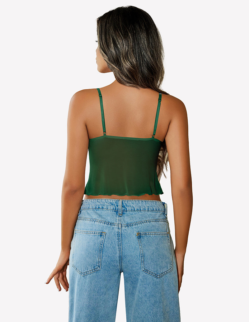 Green mesh crop tank top with spaghetti straps and scoop back