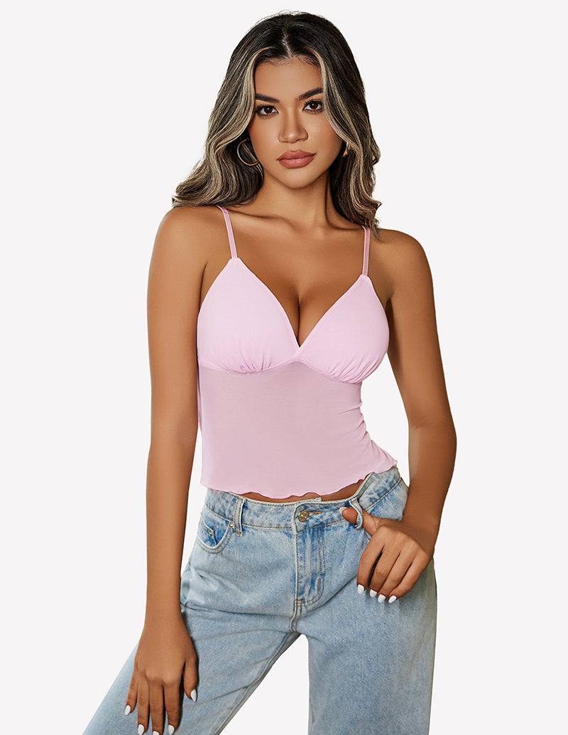 Pink mesh crop tank with V-neck triangle cups and thin spaghetti straps