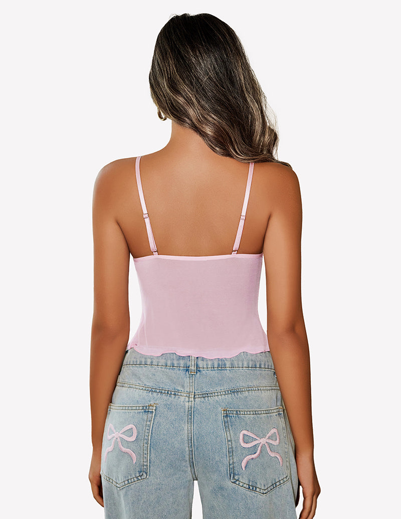 Pink back mesh crop tank with thin straps and scalloped hem