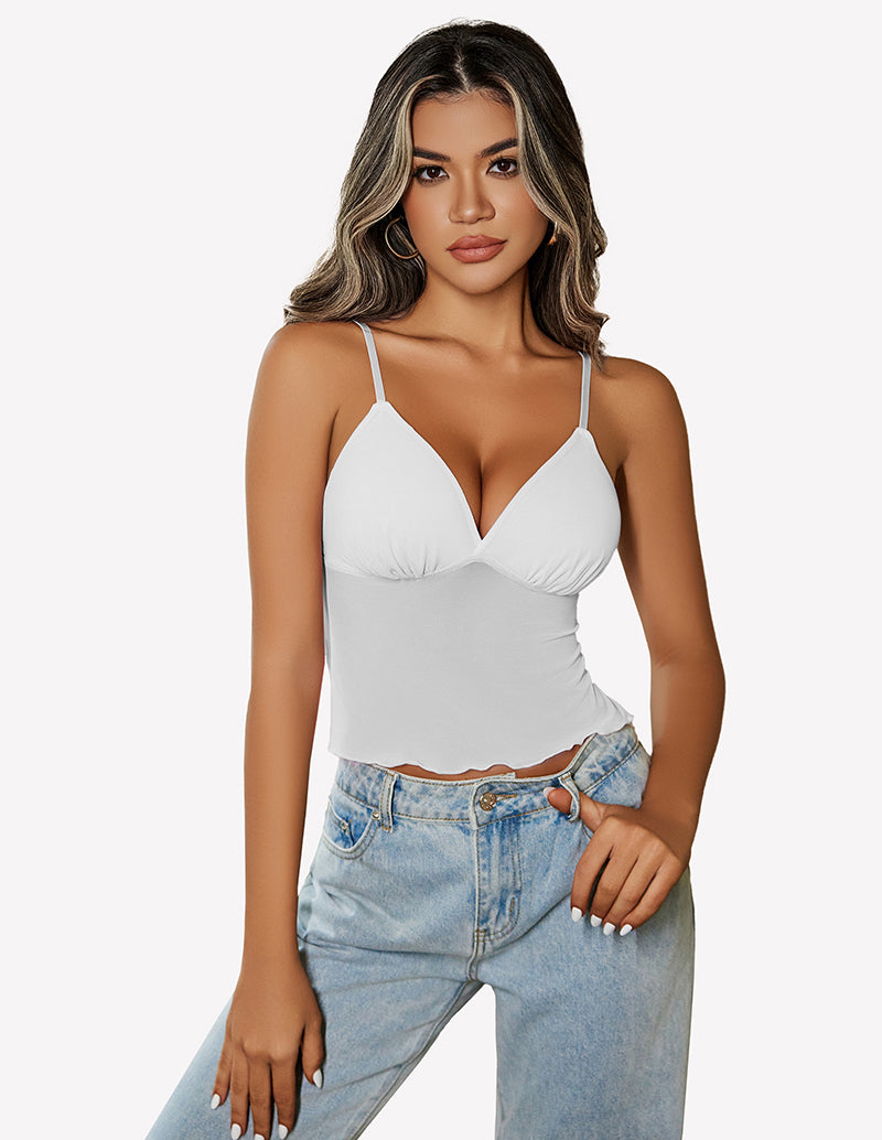 White mesh crop tank top with spaghetti straps and V-neckline front