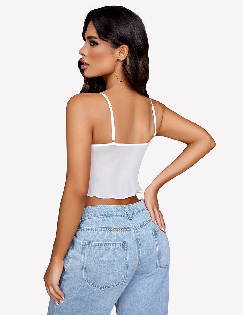 White mesh crop tank top with spaghetti straps and scoop back