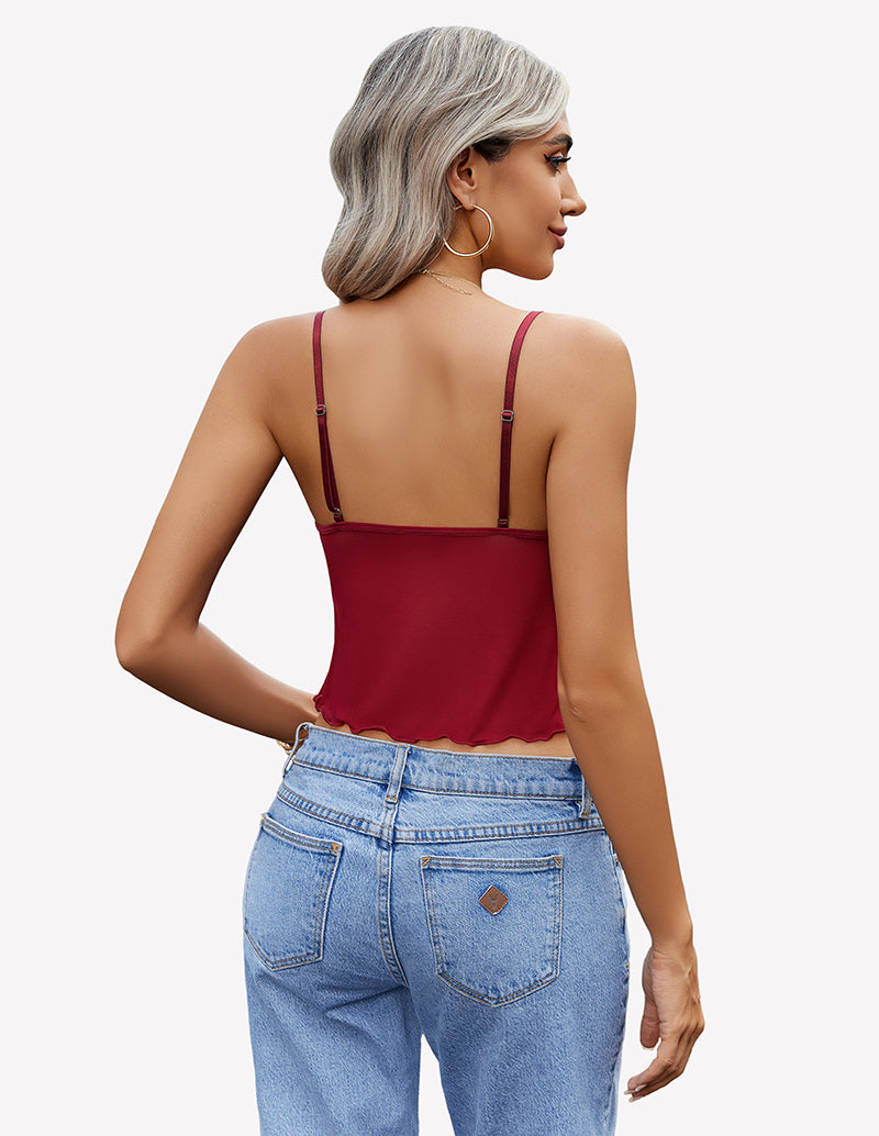 Burgundy spaghetti strap crop cami top, open back
