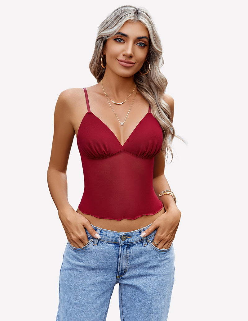 Burgundy V-neck spaghetti strap crop cami top