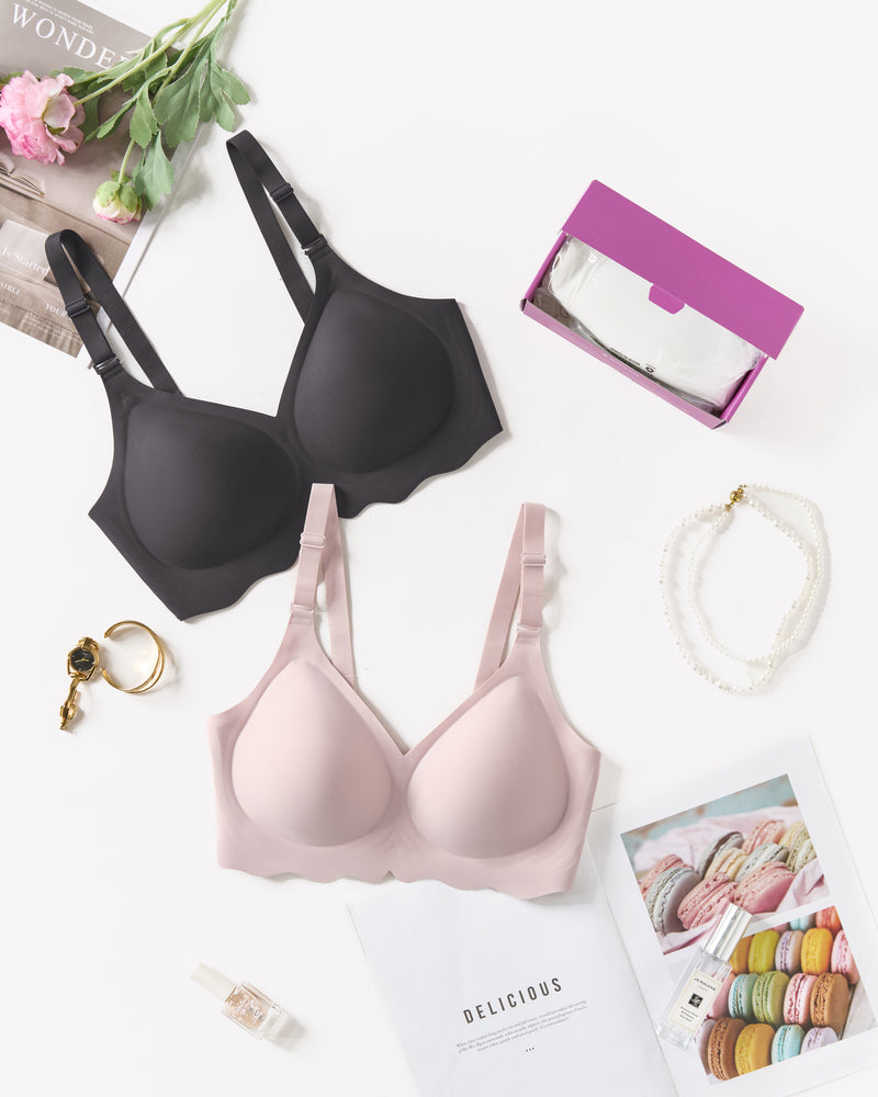 Black and blush seamless wireless bralettes with V-neck and adjustable straps