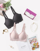 Black and blush seamless wireless bralettes with V-neck and adjustable straps