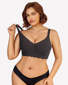 Dark seamless wireless bralette with V-neck and scalloped hem, adjustable straps