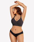 Dark seamless wireless bralette with V-neck, adjustable thin straps, smooth underband