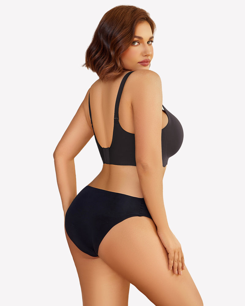 Dark seamless wireless bralette with open back design and adjustable straps