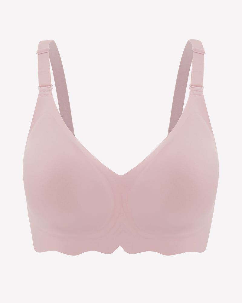 Light pink seamless wireless bralette with V-neck and adjustable shoulder straps