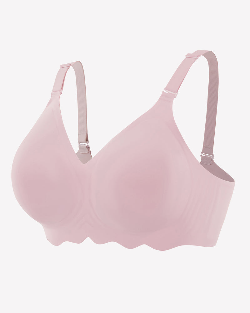 Light pink seamless wireless bralette with V-neck and adjustable straps, front view
