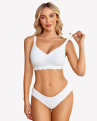 White seamless wireless bralette with V-neck, adjustable straps, scalloped bottom edge