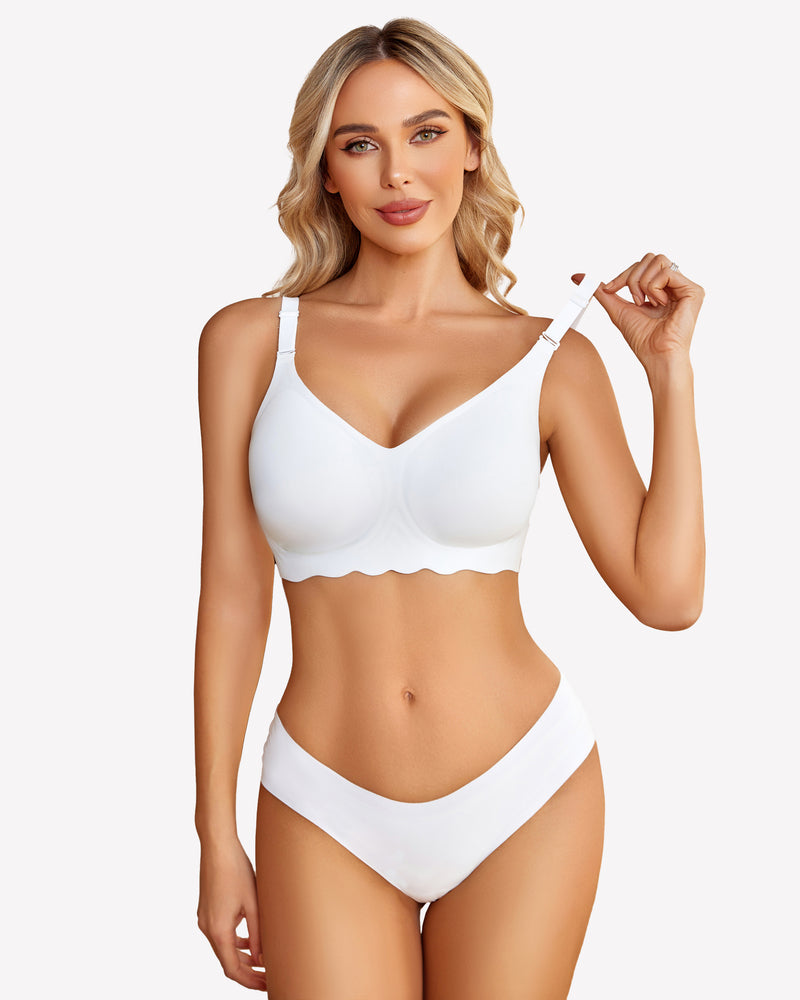White seamless wireless bralette with V-neck, adjustable straps, scalloped bottom edge