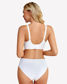 White seamless wireless bralette with open back and adjustable straps, back view