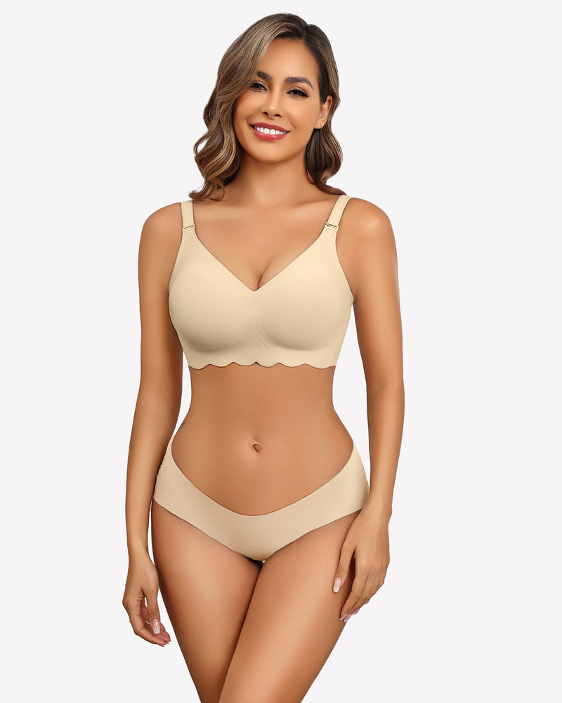 Seamless wireless bralette bra in light beige with scalloped underband and thin straps