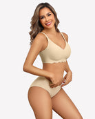 Seamless wireless bralette bra in light beige with V neckline and lace-free seamless cups