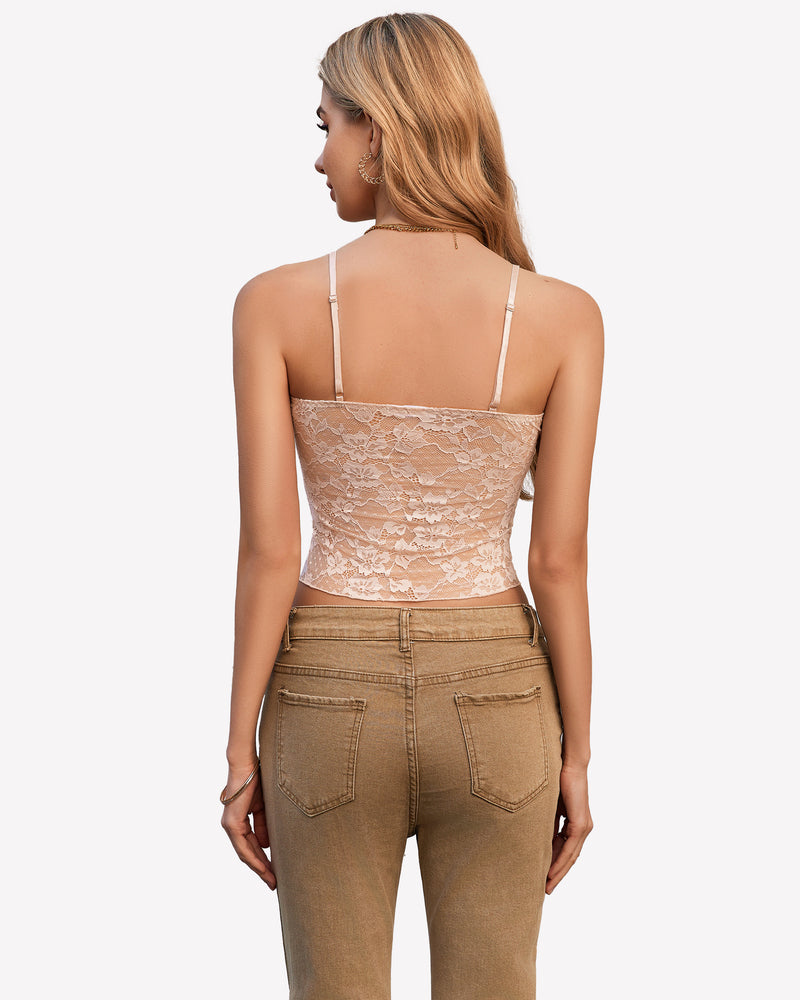 Beige lace cami top back view with spaghetti straps and corset-style seams