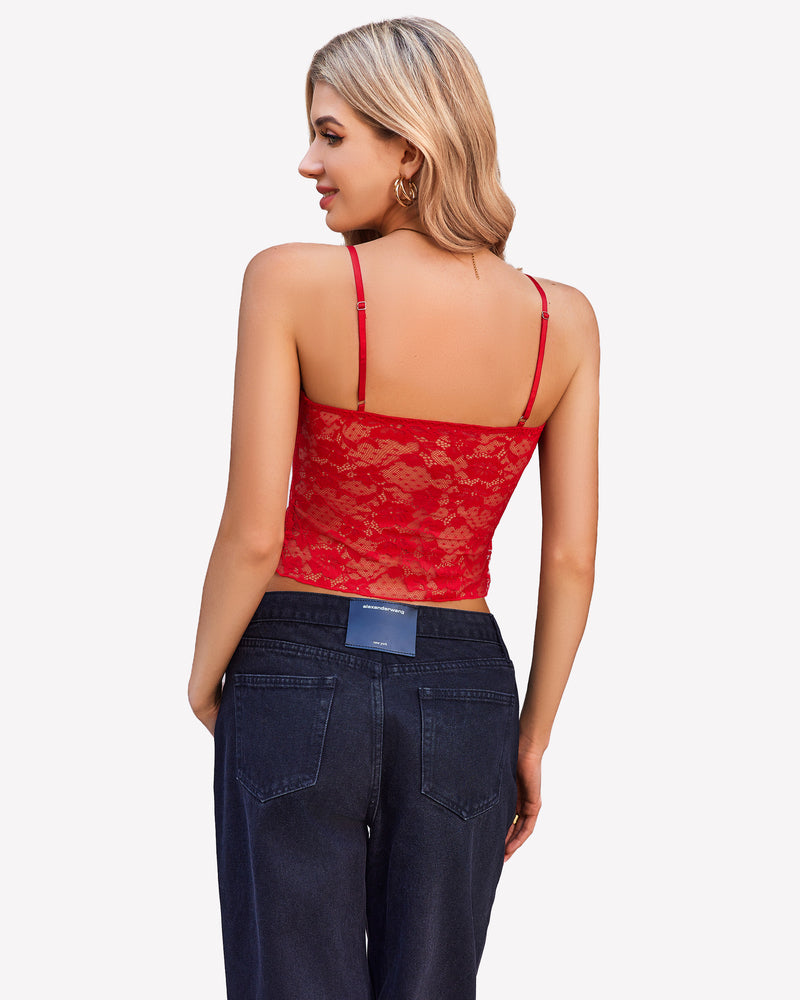 Red lace cami top back view with spaghetti straps and lace overlay