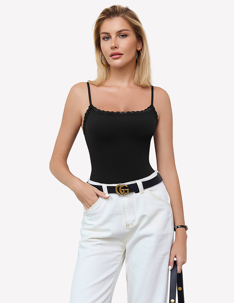 Black square-neck lace bodysuit tank top with scalloped neckline and hem trim