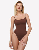 Brown square-neck lace bodysuit tank top with scalloped lace trim