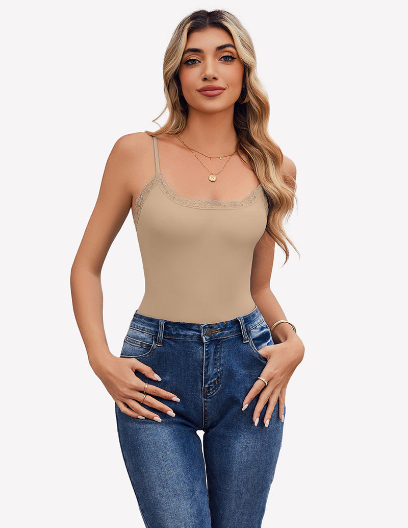 Nude square-neck lace bodysuit tank top with scalloped lace trim
