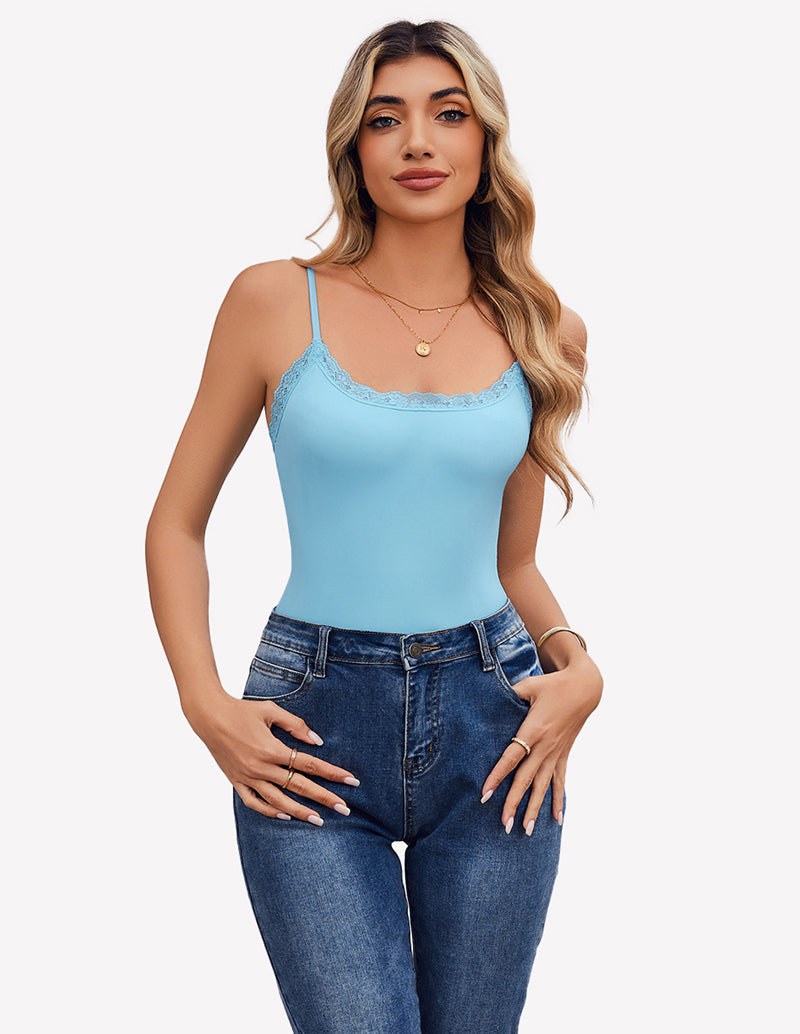 Light blue square-neck lace bodysuit tank top with scalloped lace trim
