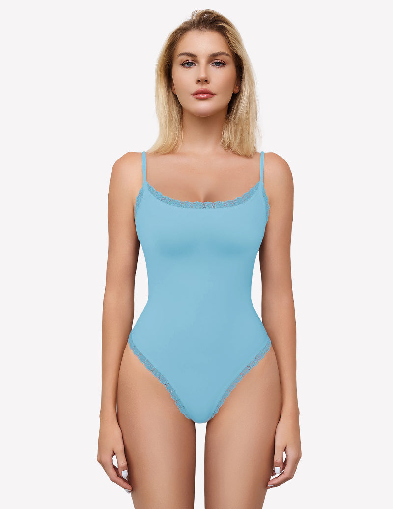 Light blue square-neck lace bodysuit tank top with scalloped lace trim
