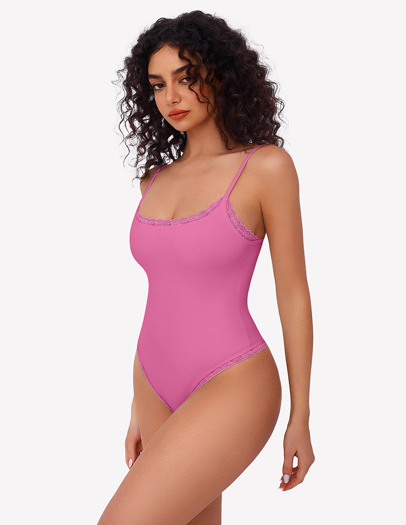 Square-neck lace bodysuit tank with thin straps, pink