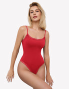 Red lace square-neck bodysuit with scalloped trim