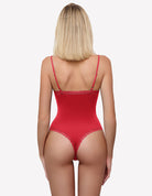 Red lace square-neck bodysuit with back straps and scalloped leg