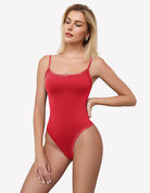 Red lace square-neck bodysuit tank with thin straps and scalloped edges