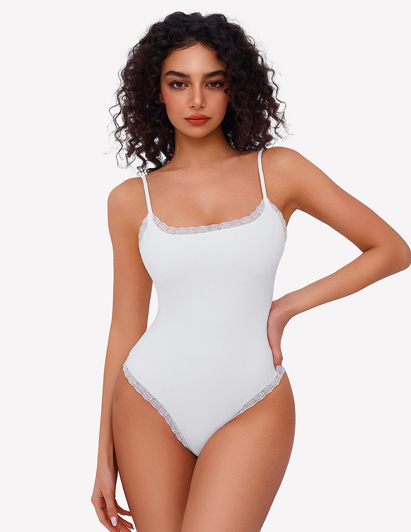 White lace square-neck bodysuit tank with scalloped trim