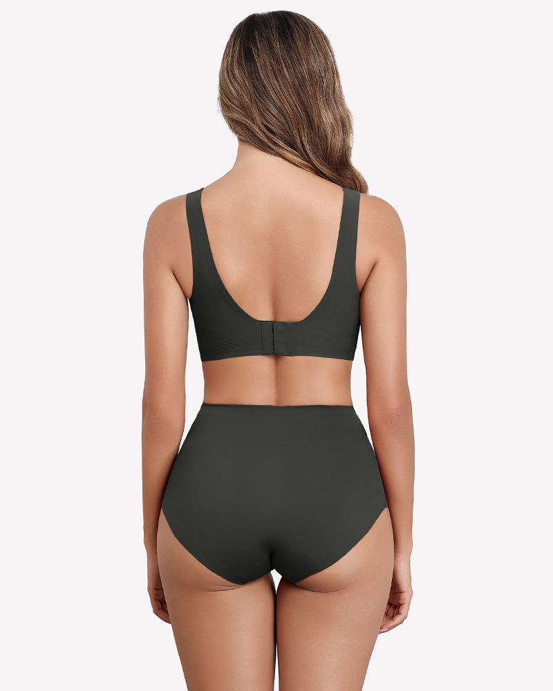 Black seamless bralette back view, full-coverage cut