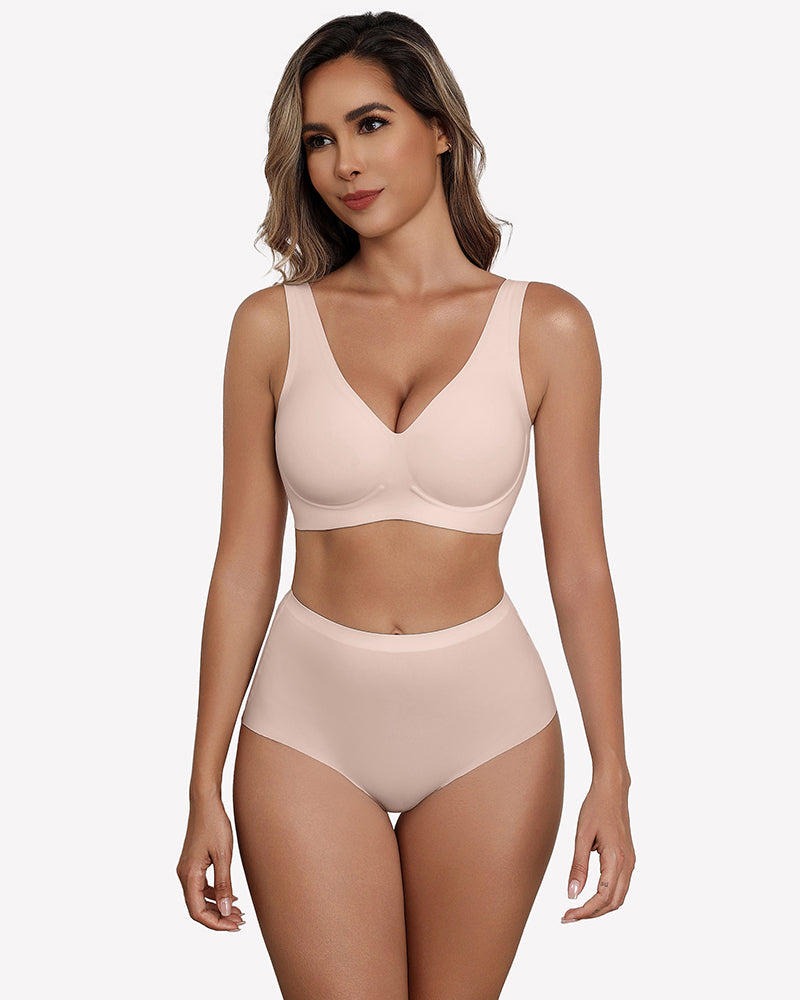 Light pink seamless V-neck bralette with full-coverage cups
