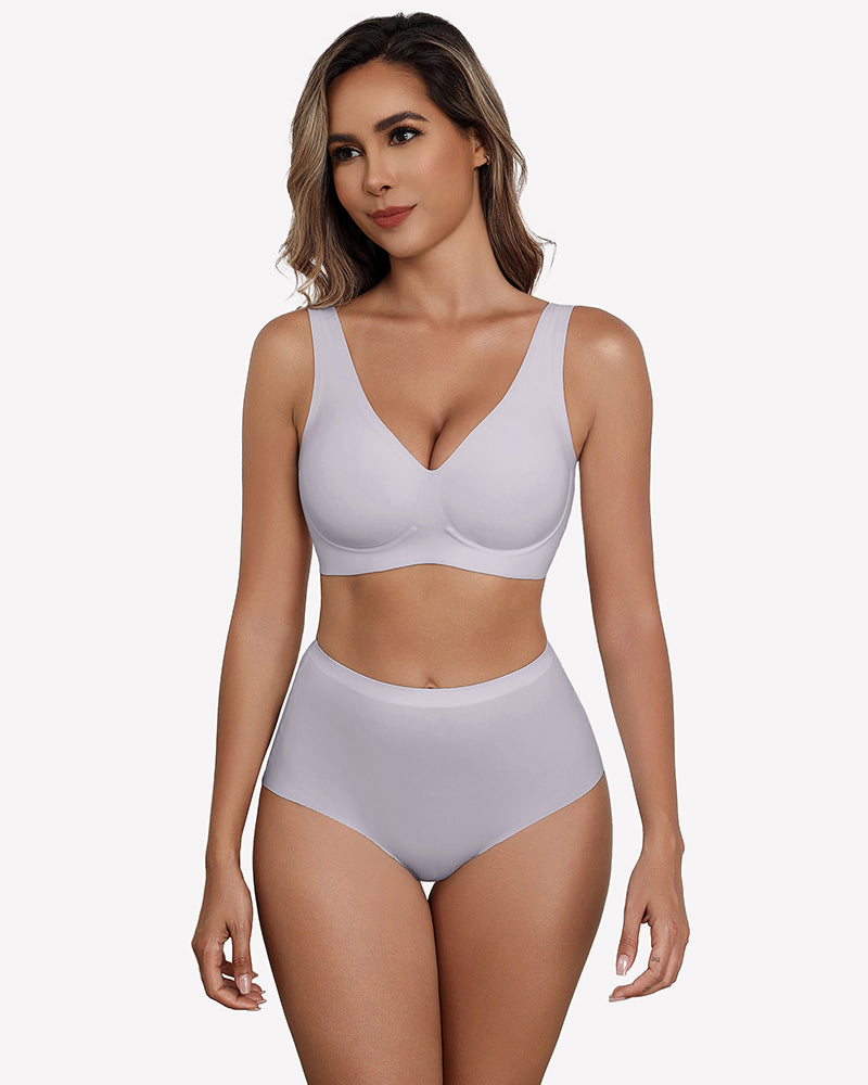 White seamless V-neck bralette with full-coverage cups