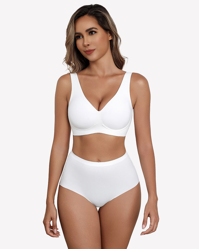 White seamless V-neck bralette with full-coverage cups, matching briefs